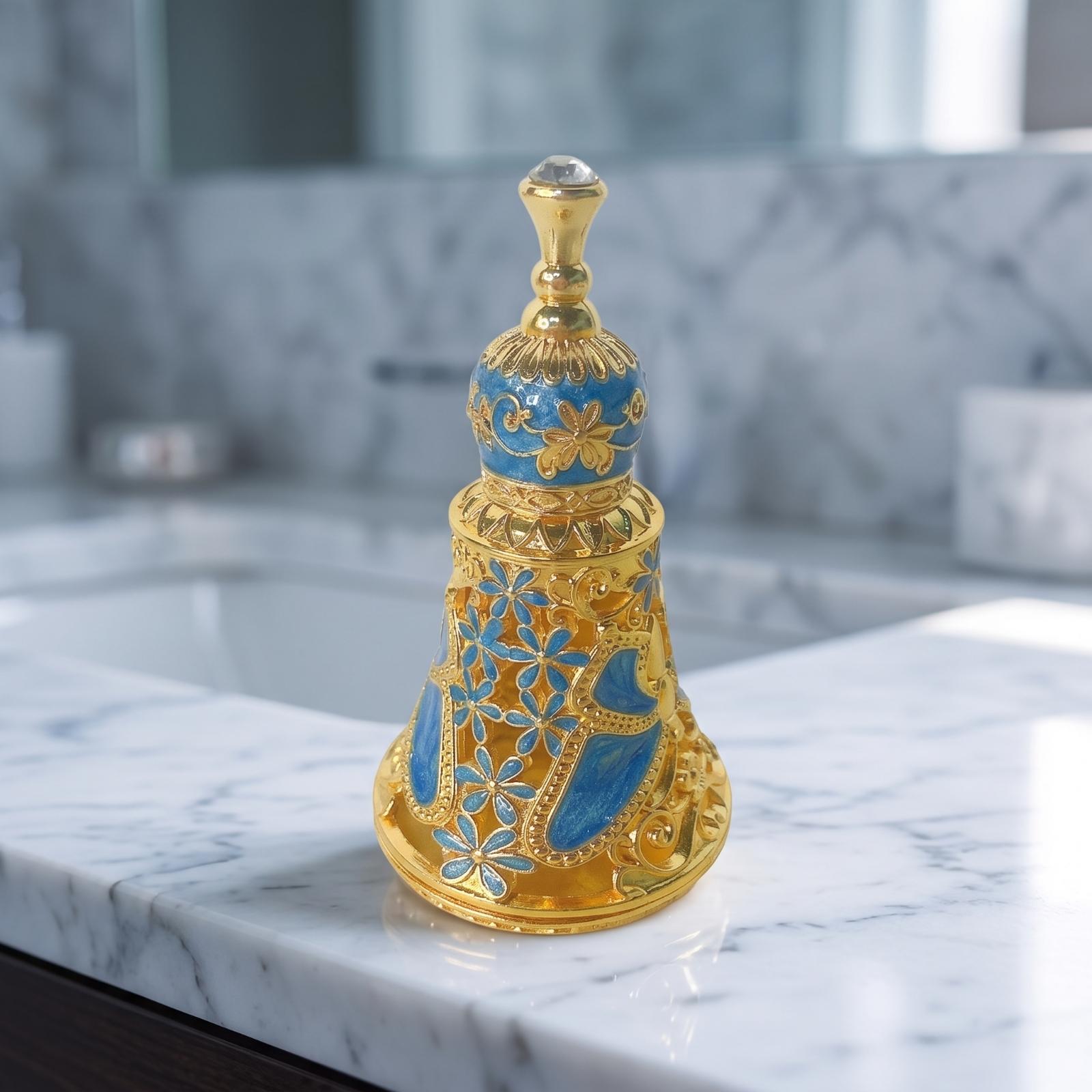 Perfume Fragrance Details - 金属製の香水瓶（ストッパー付き） | エンボス加工の花柄装飾、エレガントな透かし彫りの香水瓶、化粧台の装飾に。