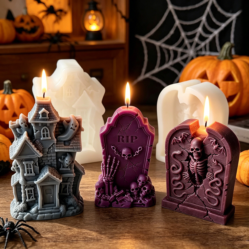 Perfume Fragrance House - ハロウィン墓石シリコンモールドお化け屋敷スケルトンキャンドルモールドDIY香り付きキャンドル石膏樹脂キャンドル作り