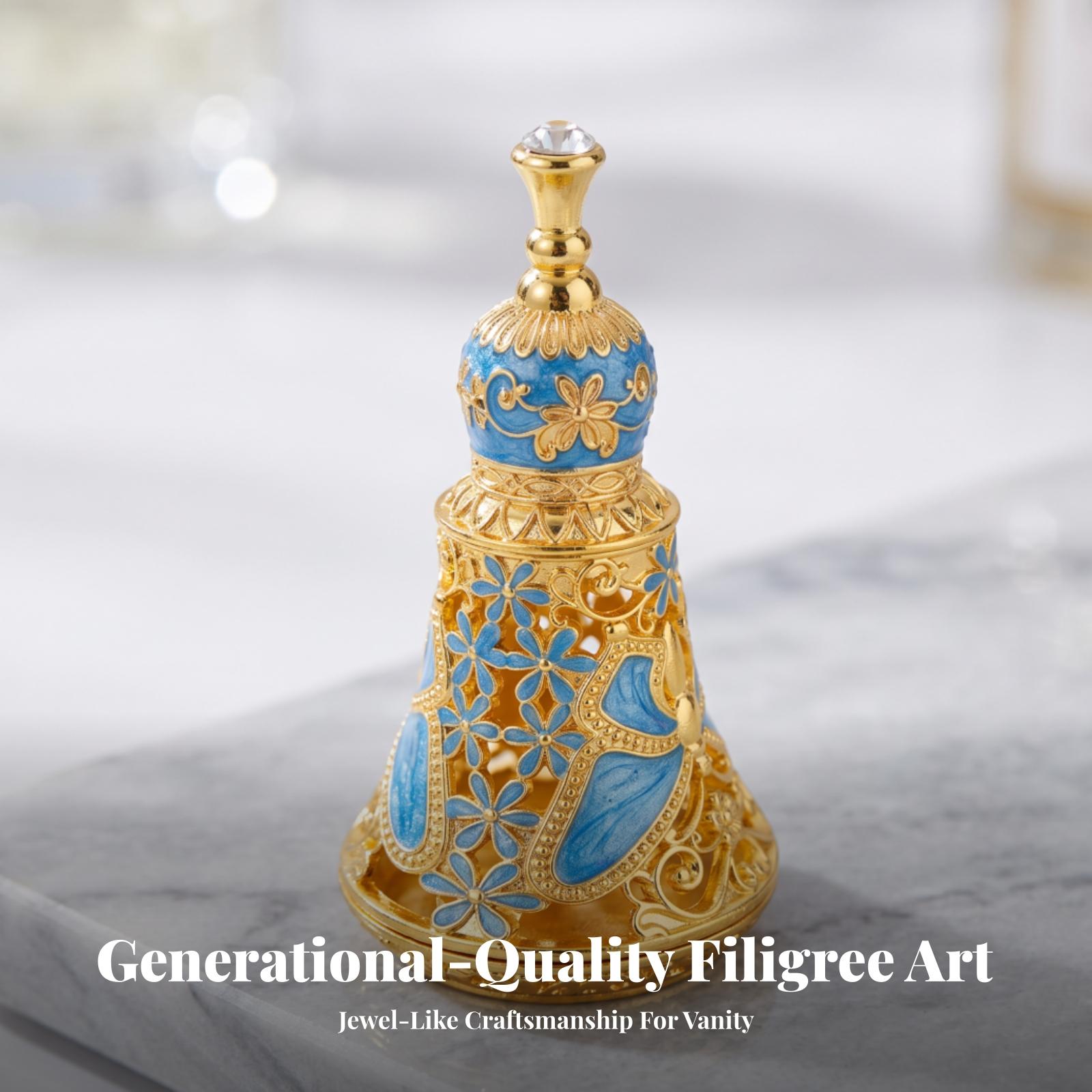 Perfume Fragrance Details - 金属製の香水瓶（ストッパー付き） | エンボス加工の花柄装飾、エレガントな透かし彫りの香水瓶、化粧台の装飾に。